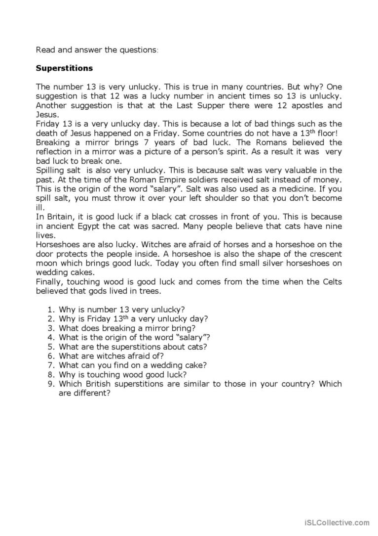 Superstitions Reading For Detail (De…: English Esl Worksheets Pdf inside Superstition Reading Comprehension Worksheets