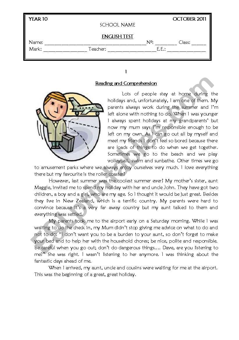 Test Grade 10 - Esl Worksheetcoasvaf in Reading Comprehension Worksheets Grade 10