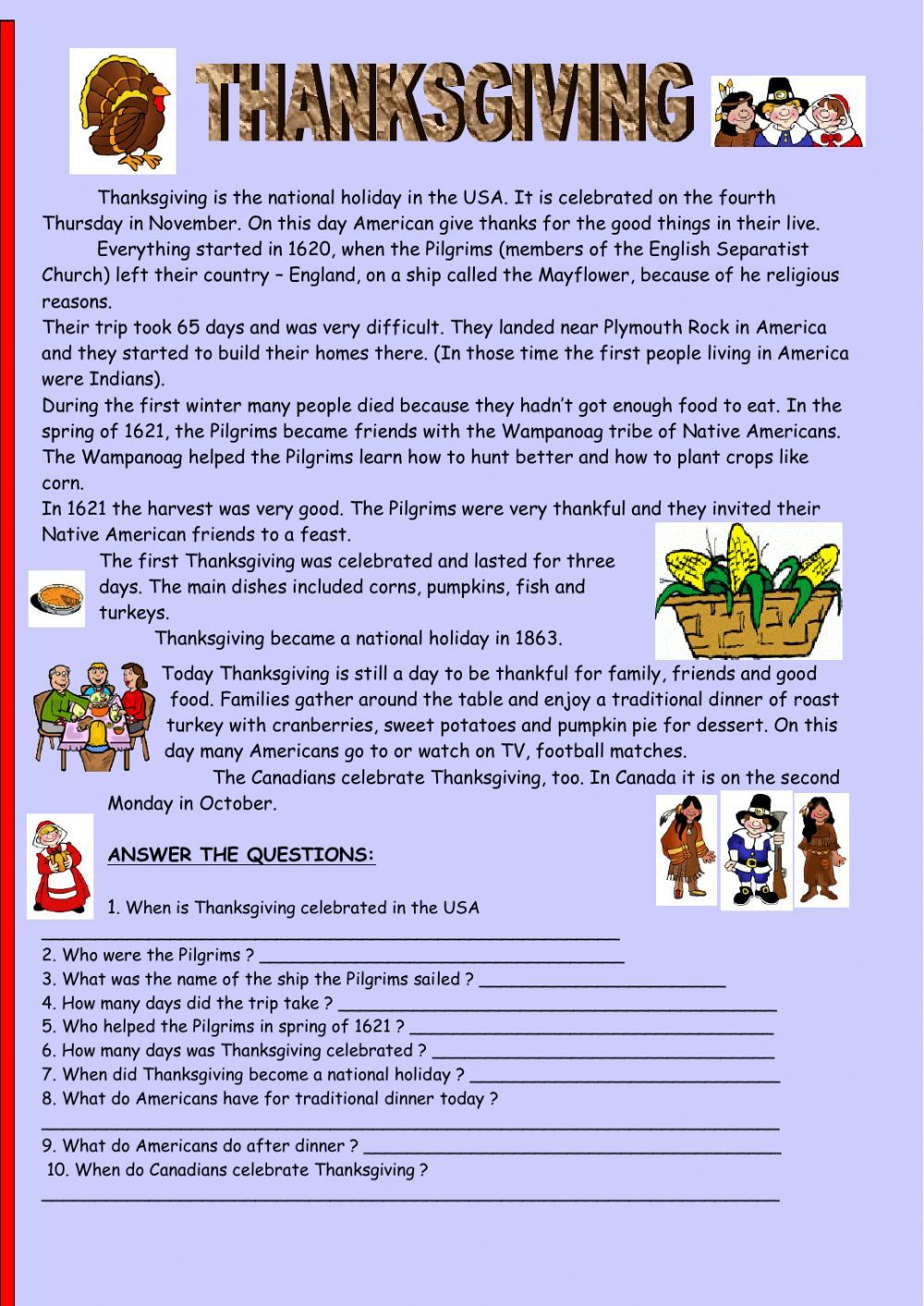 Thanksgiving Reading Comprehension Worksheet intended for Free Printable Thanksgiving Reading Comprehension Worksheets