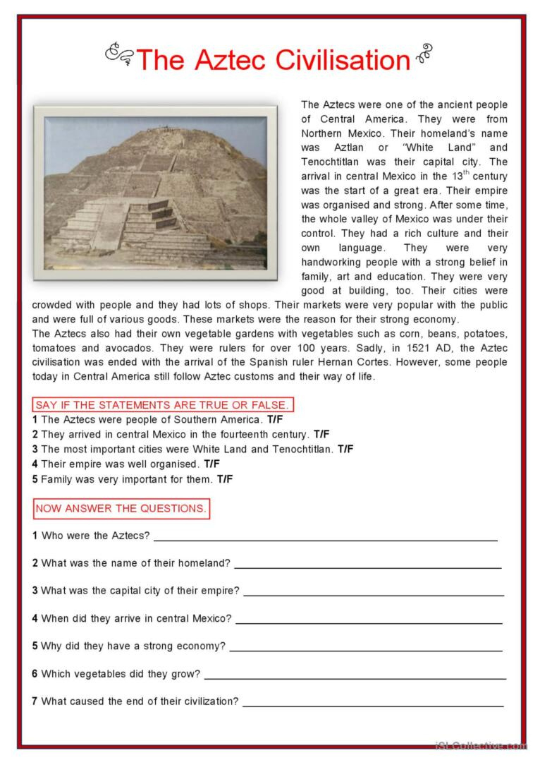 The Aztec Civilisation - Reading Act…: English Esl Worksheets Pdf with Aztec Reading Comprehension Worksheets