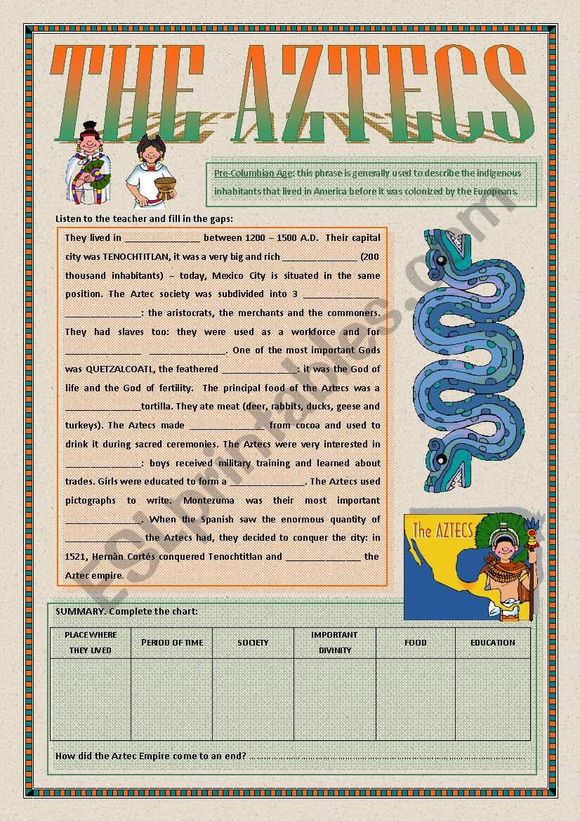 The Aztecs - Esl Worksheetalex076 throughout Aztec Reading Comprehension Worksheets