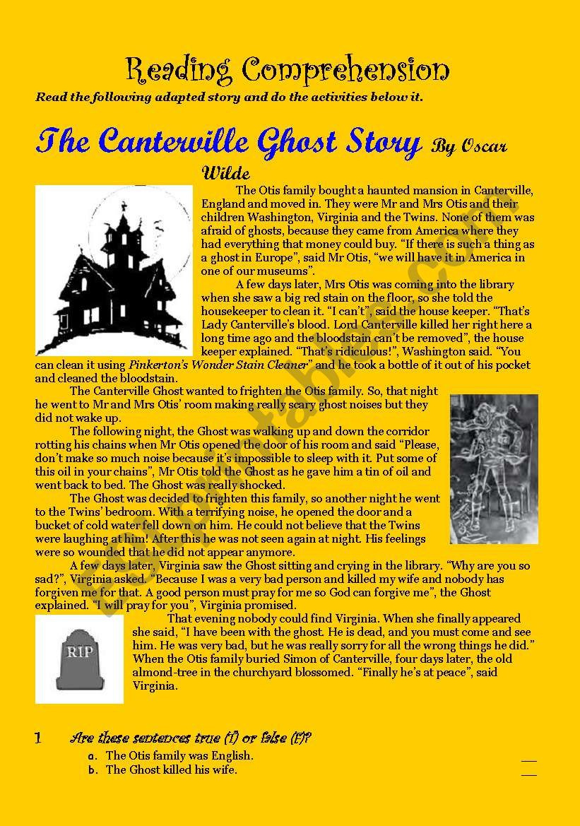 The Canterville Ghost Story: Reading Comprehension - Esl Worksheet pertaining to Scary Story Reading Comprehension Worksheets