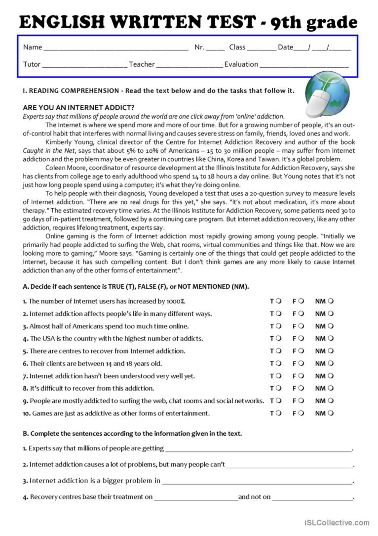 The Internet (Test 9Th Grade …: English Esl Worksheets Pdf &amp;amp; Doc throughout Reading Comprehension Worksheets 9Th Grade