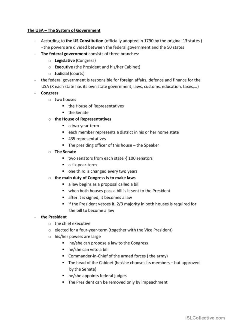 The Usa - The System Of Government -…: English Esl Worksheets Pdf in American Government Reading Comprehension Worksheets