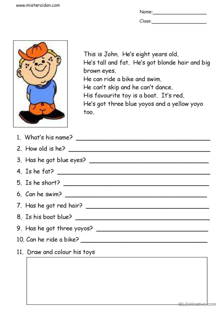 This Is John - Simple Reading Compre…: English Esl Worksheets Pdf with Simple Reading Comprehension Worksheet