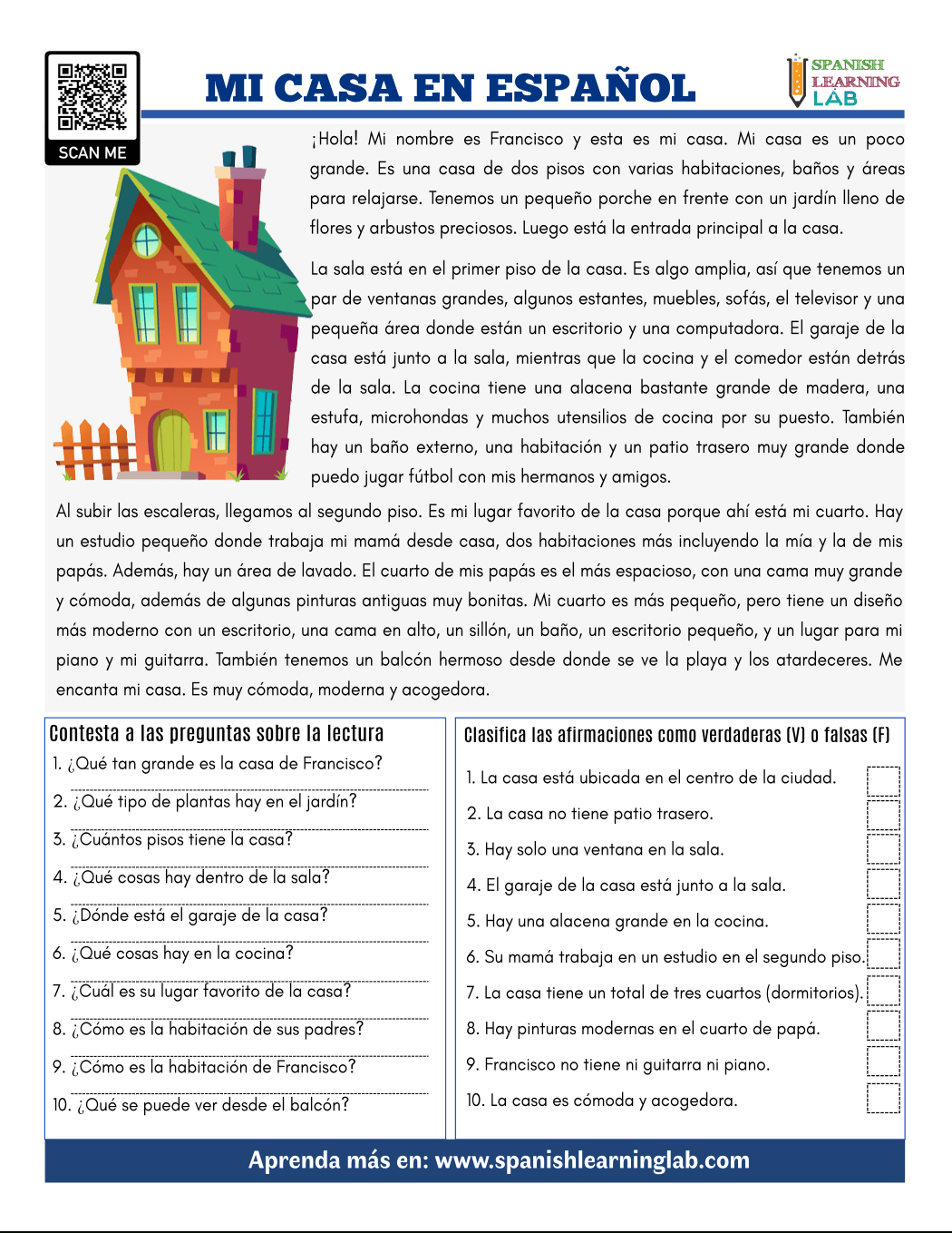 This Is My House In Spanish - Pdf Reading Worksheet - Spanish throughout Advanced Spanish Reading Comprehension Worksheets