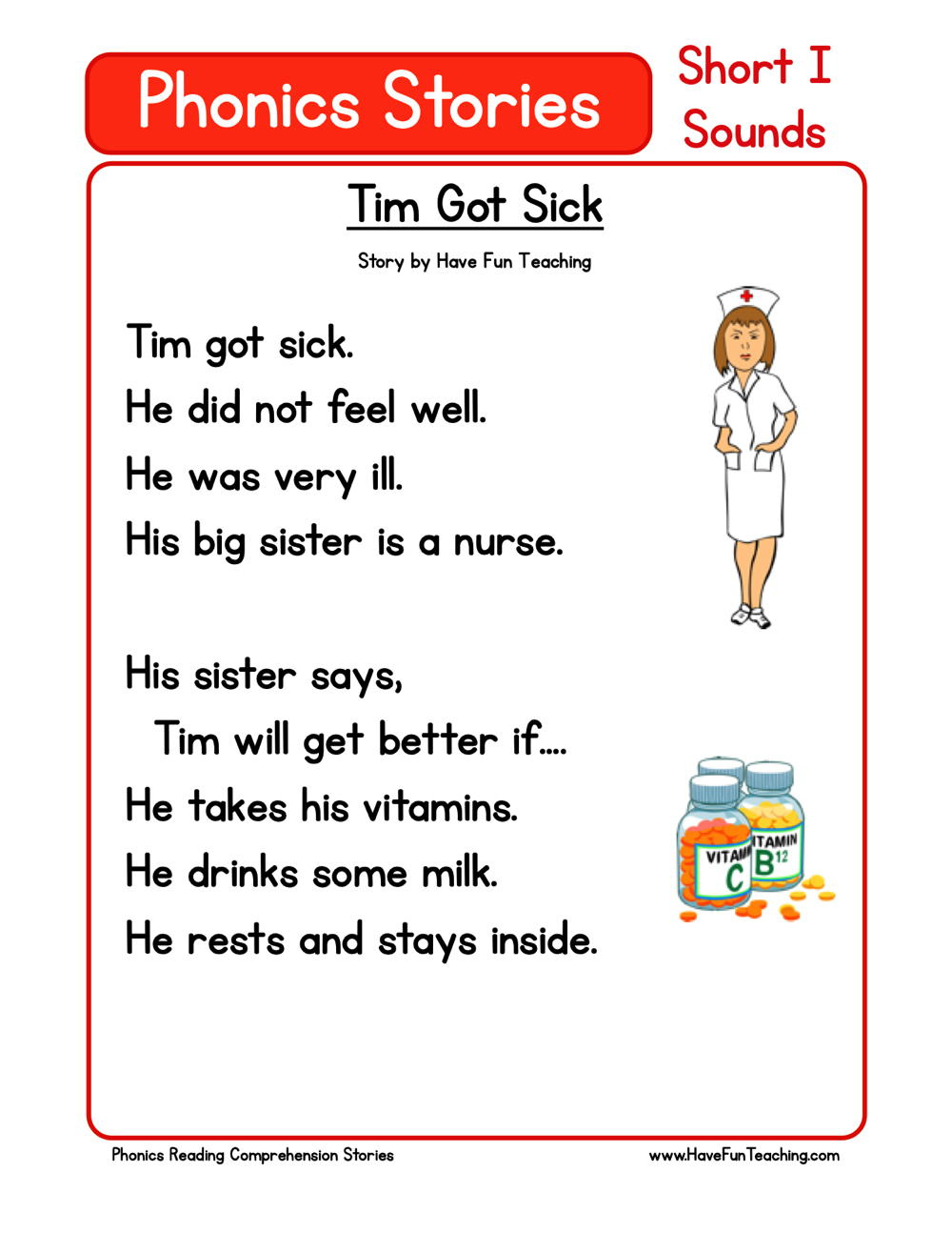 Tim Got Sick Phonics Reading Comprehension Story Worksheet - Short pertaining to Short Vowel Reading Comprehension Worksheets