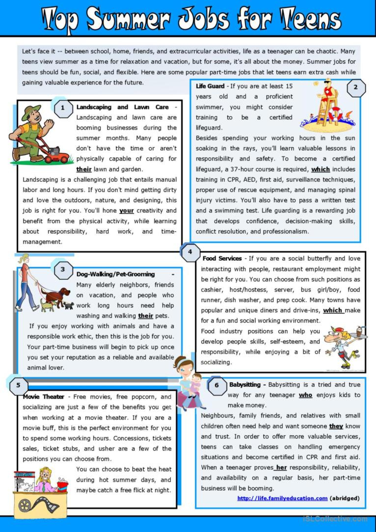 Top Summer Jobs For Teens Reading Fo…: English Esl Worksheets Pdf regarding Reading Comprehension Worksheets About Jobs