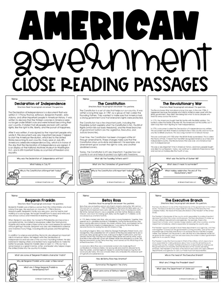 American Government Reading Comprehension Worksheets