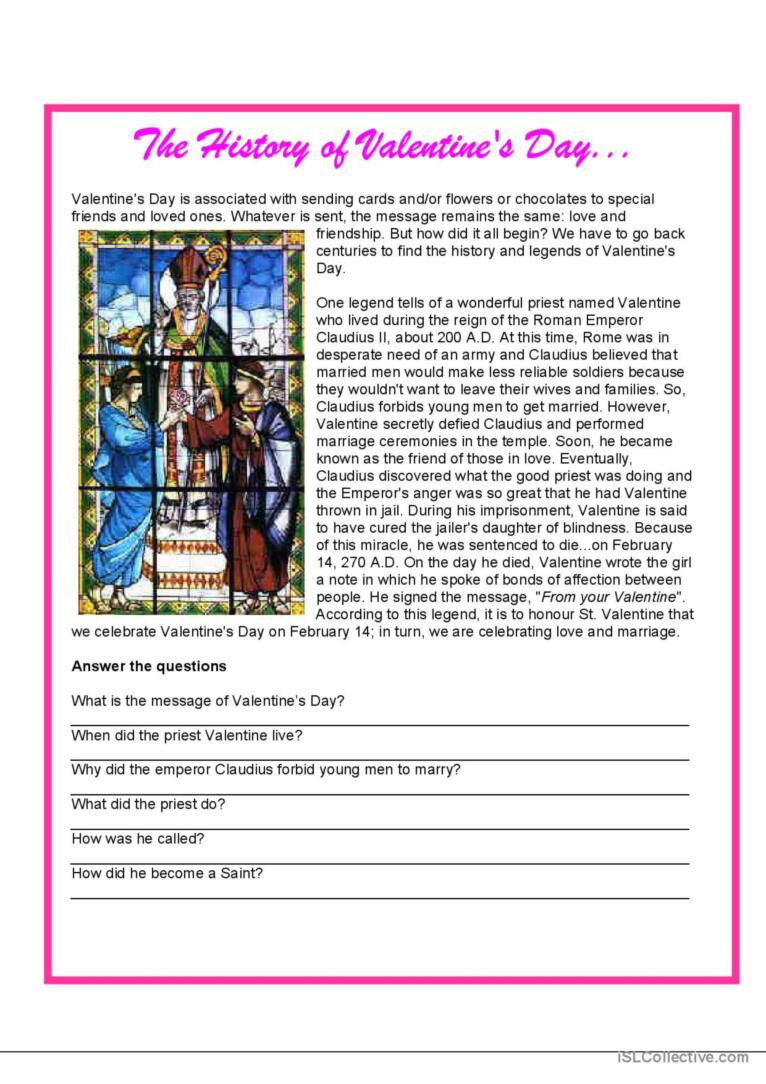 Valentine&amp;#039;S Day - History Reading Fo…: English Esl Worksheets Pdf regarding Free Valentine&amp;amp;#039;s Day Reading Comprehension Worksheets