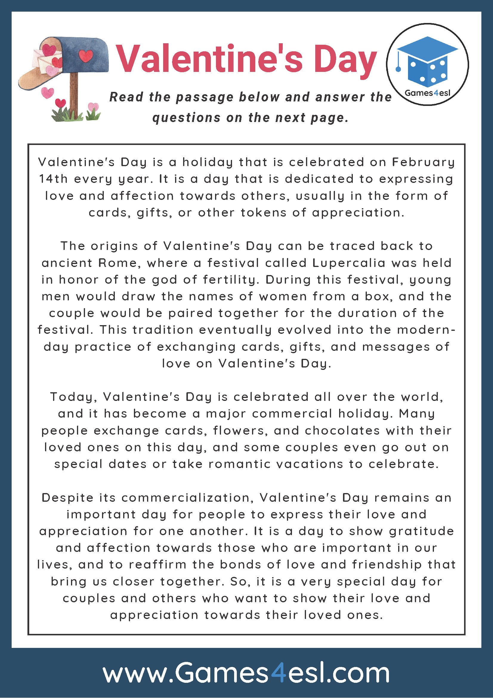 Valentine&amp;#039;S Day - Reading Comprehension Worksheet | Games4Esl inside Free Valentine&amp;#039;S Day Reading Comprehension Worksheets