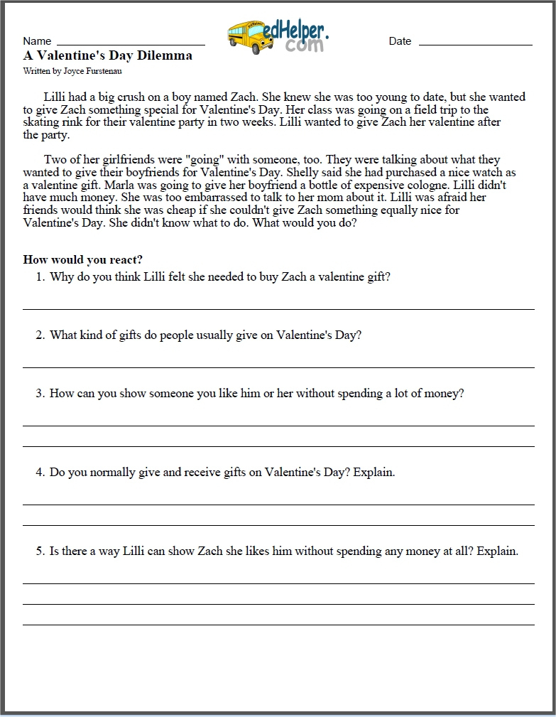 Valentine&amp;#039;S Day Worksheets: Free Pdf Printables | Edhelper for Free Valentine&amp;amp;#039;s Day Reading Comprehension Worksheets