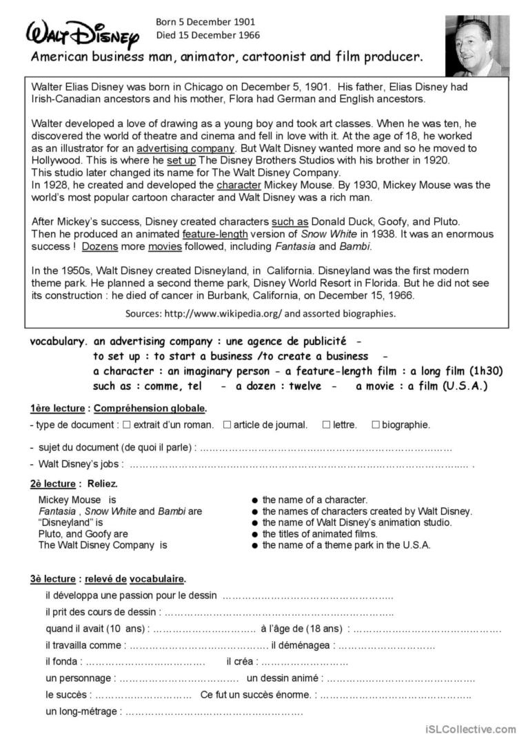 Walt Disney : A Short Biography. Rea…: English Esl Worksheets Pdf for Walt Disney Reading Comprehension Worksheet Doc