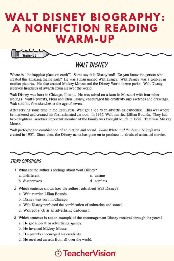 Walt Disney Reading Comprehension Worksheet Doc