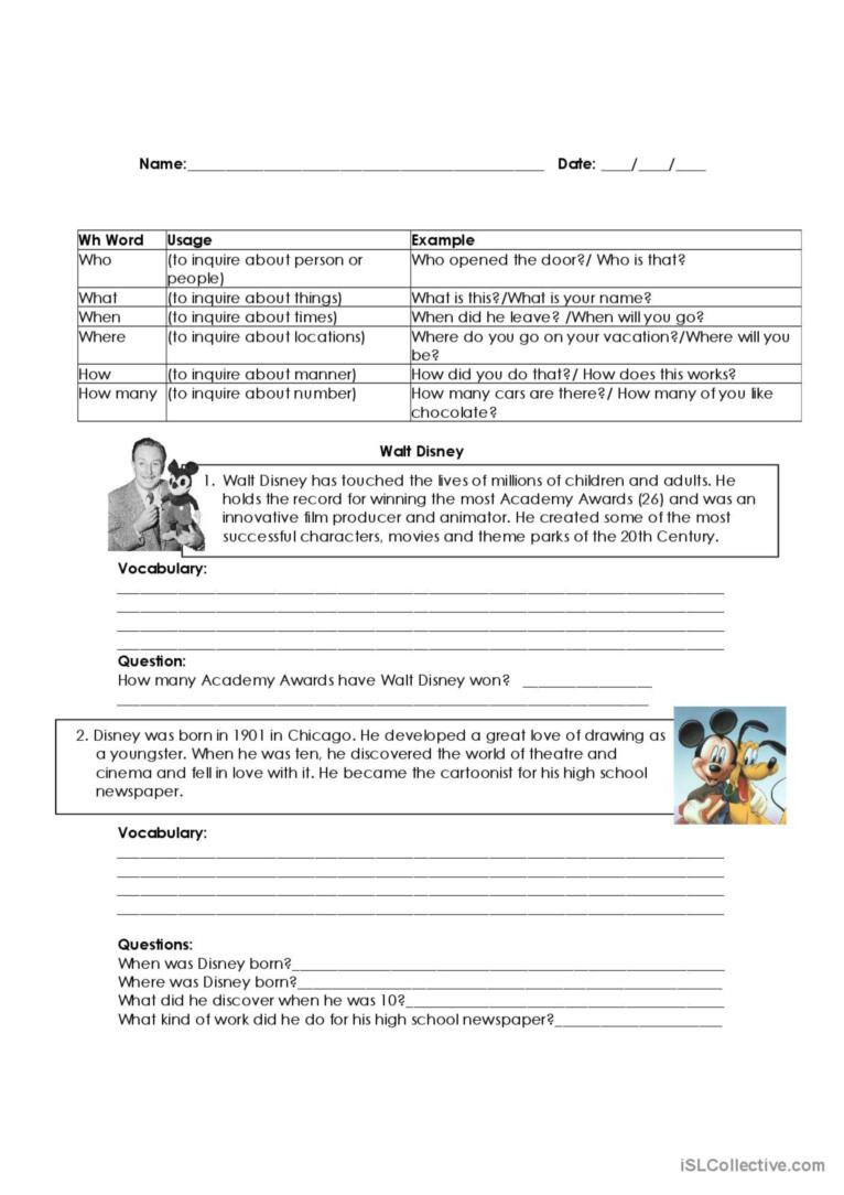 Walt Disney - Wh Words: English Esl Worksheets Pdf &amp;amp; Doc intended for Walt Disney Reading Comprehension Worksheet Doc