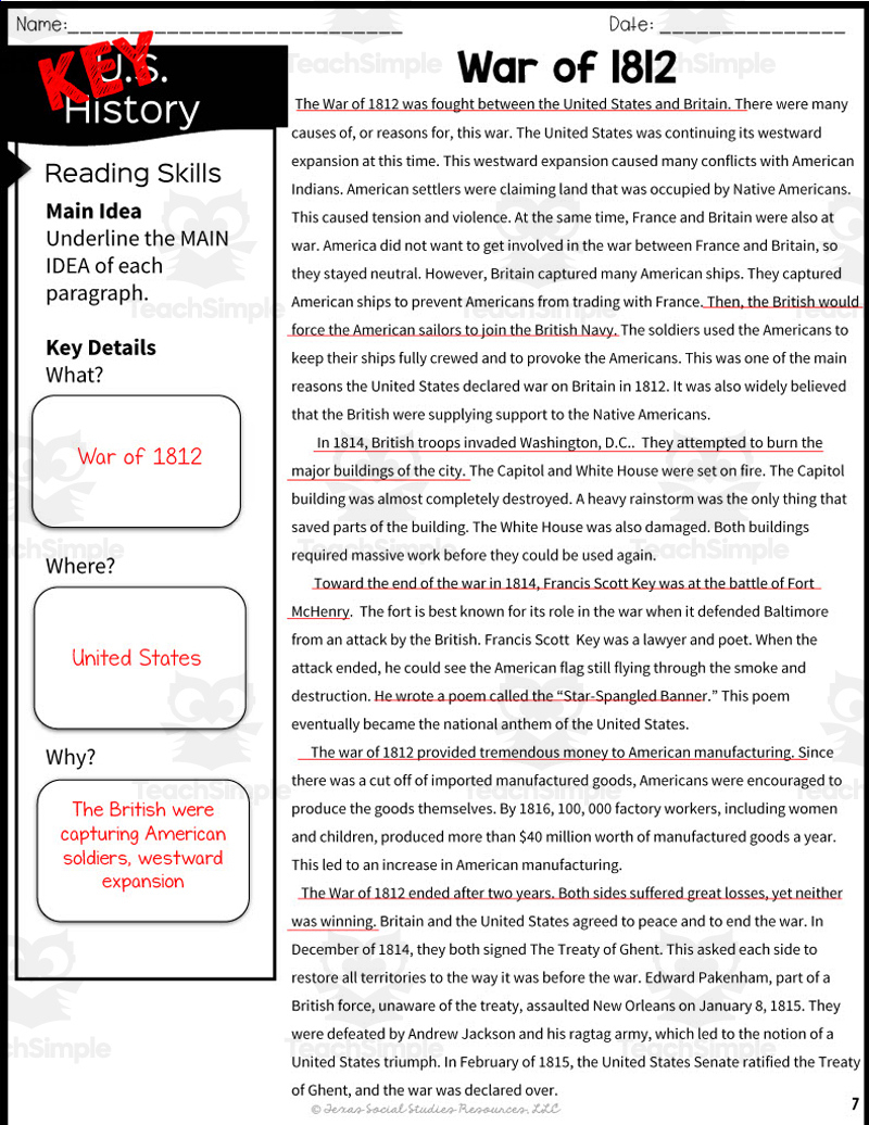 War Of 1812 Reading Packet - 5Th Grade Teksteach Simple throughout War of 1812 Reading Comprehension Worksheet Answer Key