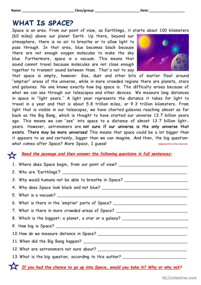 What Is Space? Reading For Detail (D…: English Esl Worksheets Pdf intended for Outer Space Reading Comprehension Worksheets