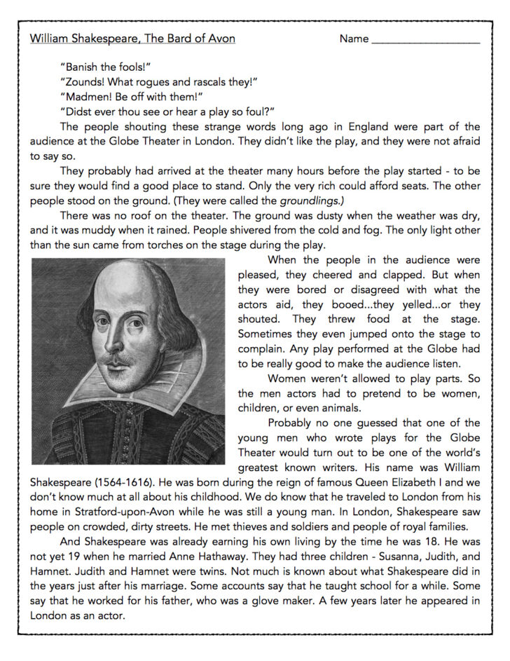 William Shakespeare Reading Comprehension Worksheet
