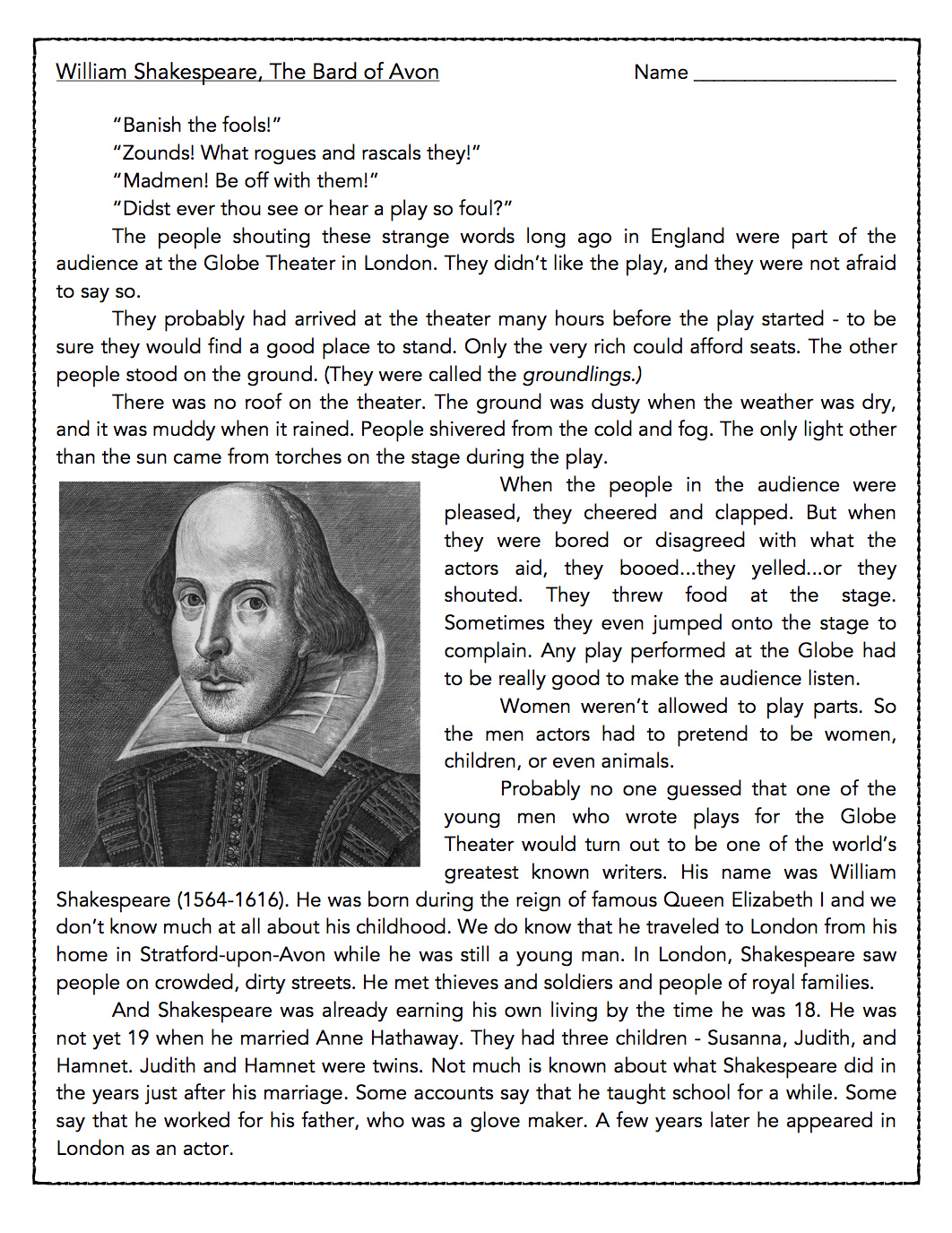 William Shakespeare- Reading Comprehension Passage And Assessment intended for William Shakespeare Reading Comprehension Worksheet