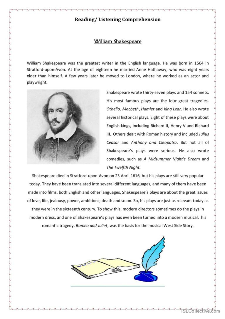 William Shakespeare Reading For Deta…: English Esl Worksheets Pdf regarding William Shakespeare Reading Comprehension Worksheet