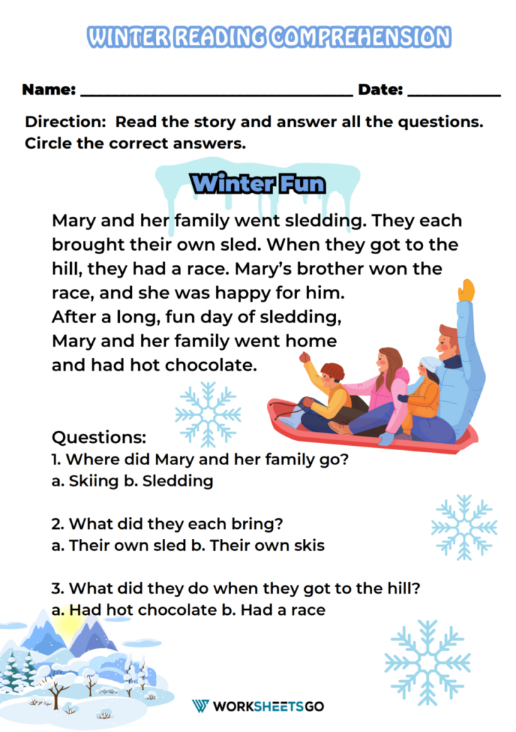 December Reading Comprehension Worksheets