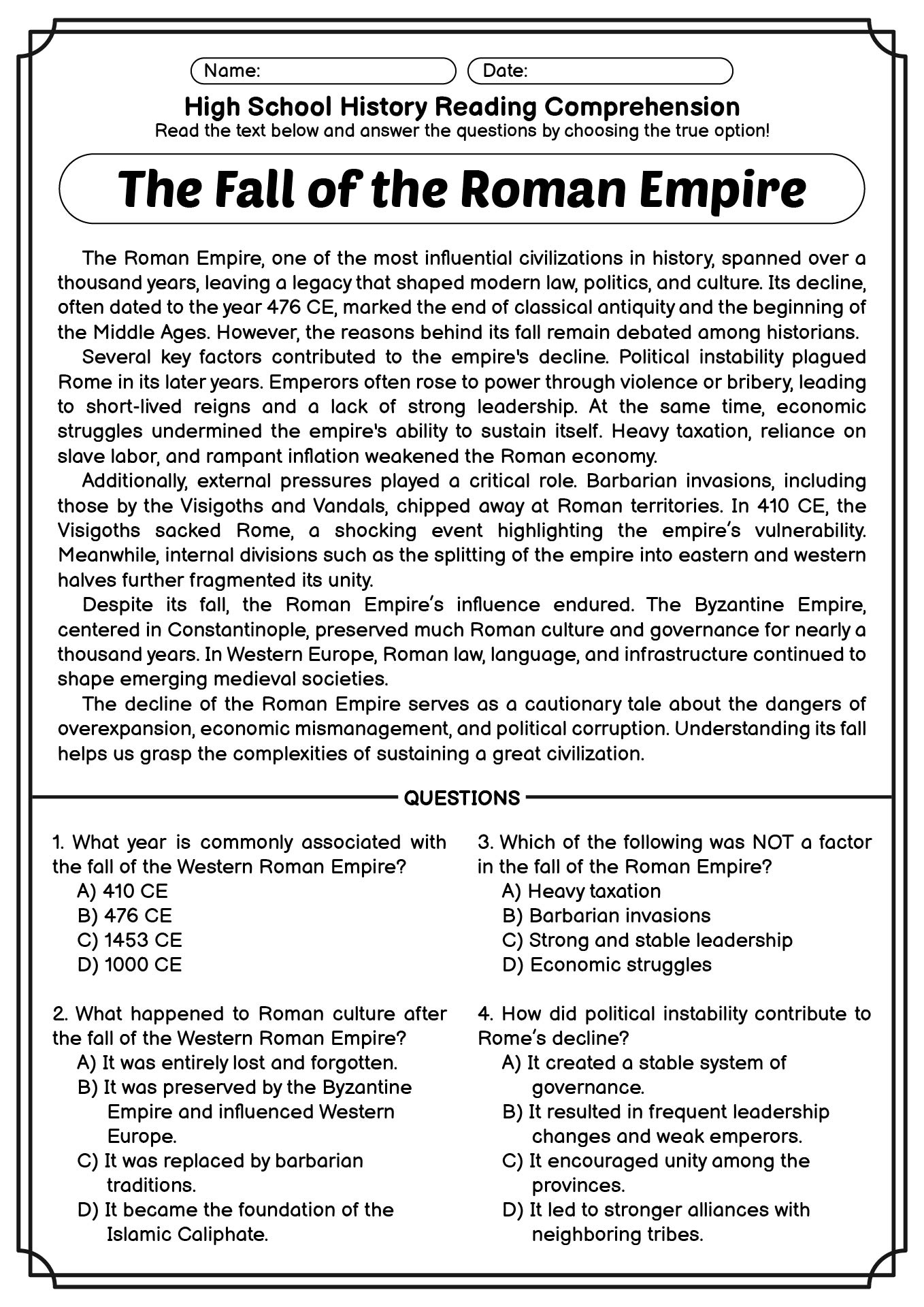 14 Reading Worksheets High School History - Free Pdf At Worksheeto with regard to Roman History Reading Comprehension Worksheets