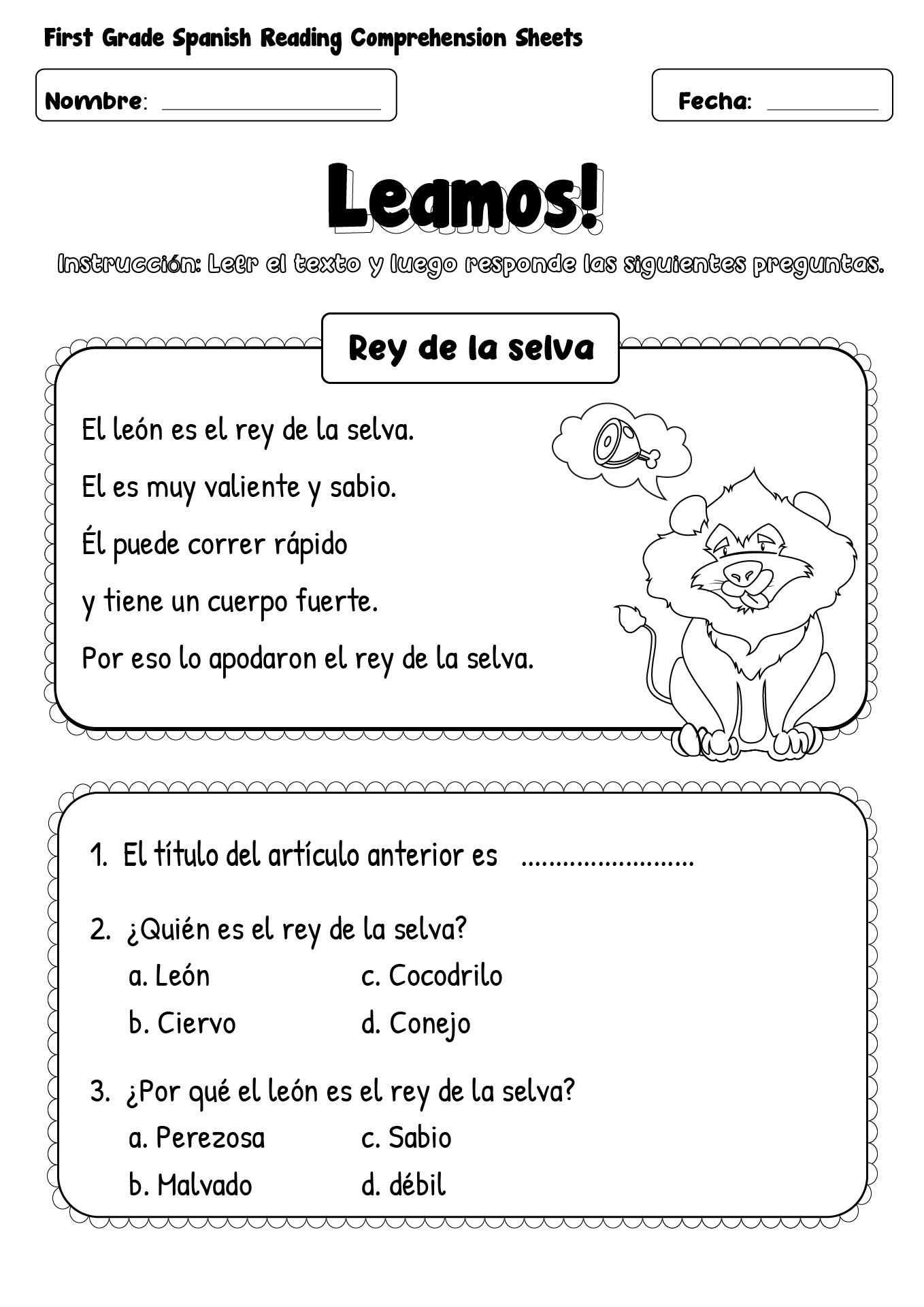 15 First Grade Spanish Worksheets - Free Pdf At Worksheeto within Free Reading Comprehension Worksheets in Spanish