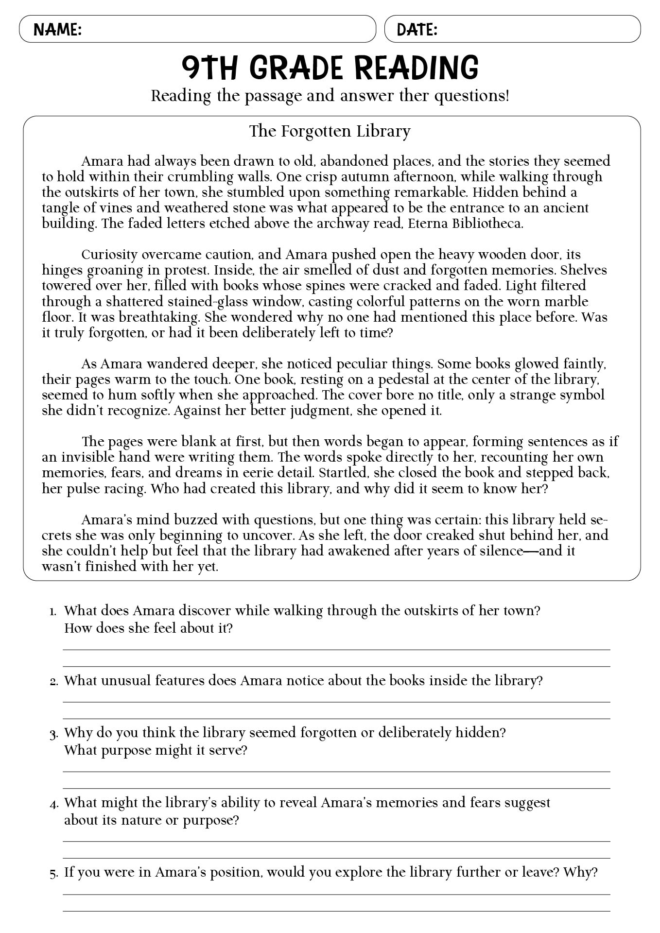 15 Printable 9Th Grade Reading Comprehension Worksheets - Free Pdf for Year 9 Reading Comprehension Worksheet
