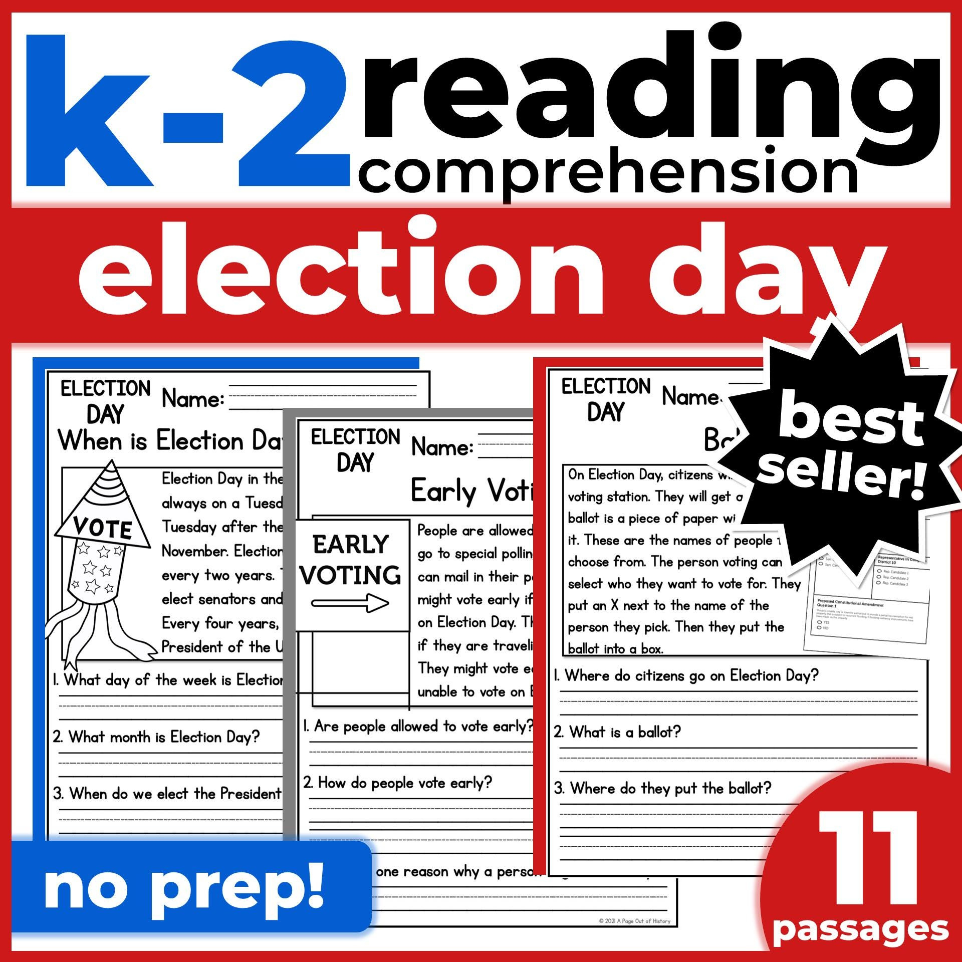 1St 2Nd Grade Reading Comprehension | Election Day Passages in Election Day Reading Comprehension Worksheet