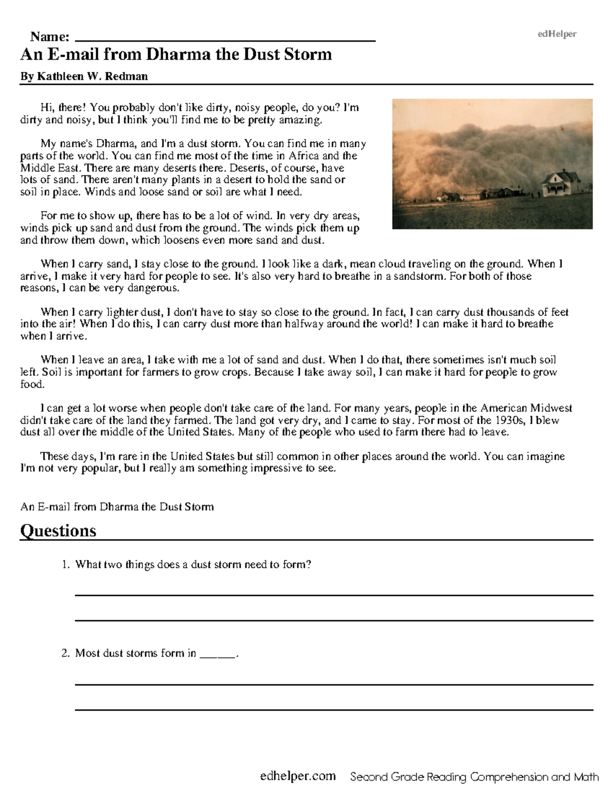 2Nd Grade Reading Comprehension Worksheets - Name: Edhelper An E throughout Dust Bowl Reading Comprehension Worksheets