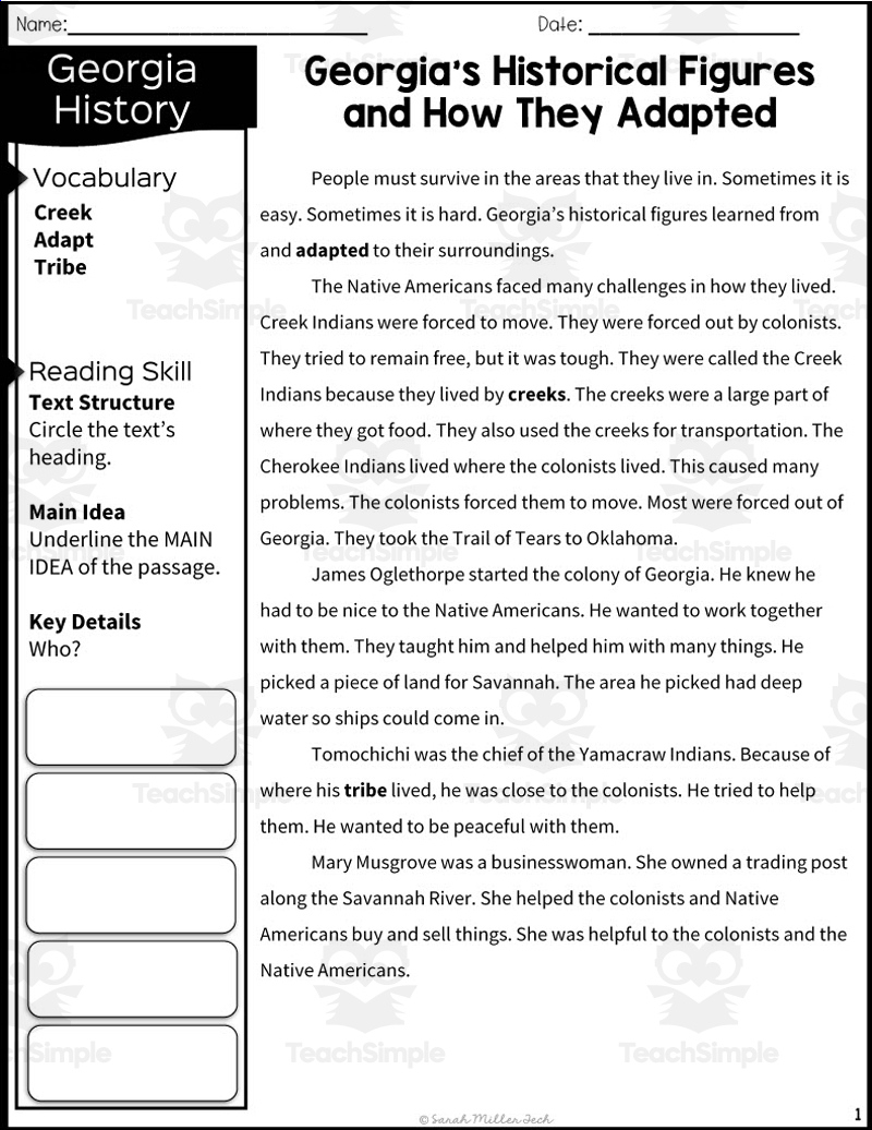2Nd Grade Reading Packet: Georgia&amp;#039;S Historical Figures + How They Adapted within Reading Comprehension Worksheets 2nd Grade Social Studies