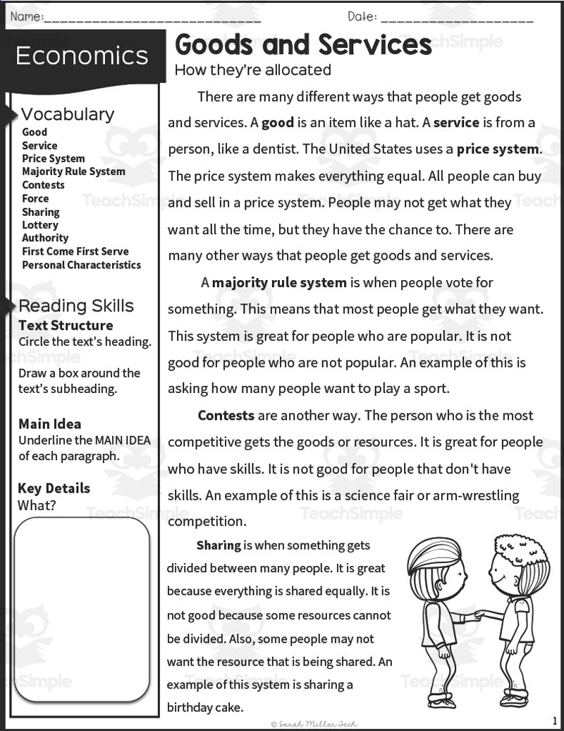2Nd Grade Reading Packet: Goods And Services within Economics Reading Comprehension Worksheets
