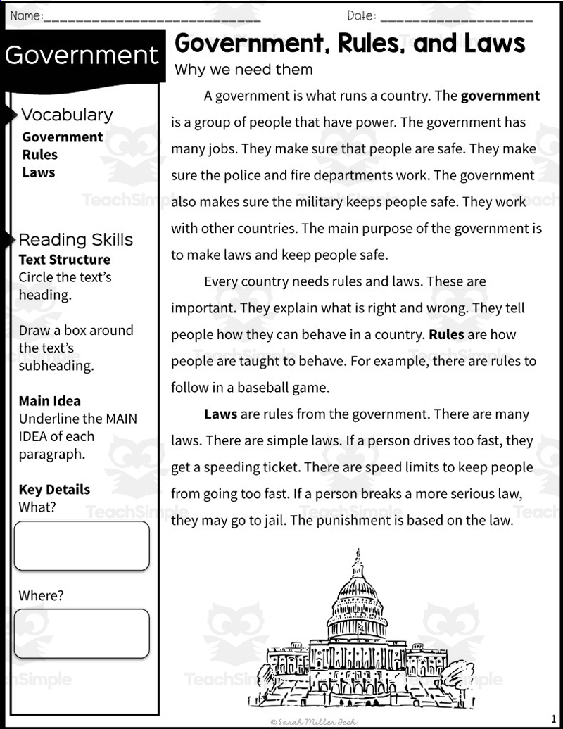 2Nd Grade Reading Packet: Government, Rules, And Laws regarding Government Reading Comprehension Worksheets