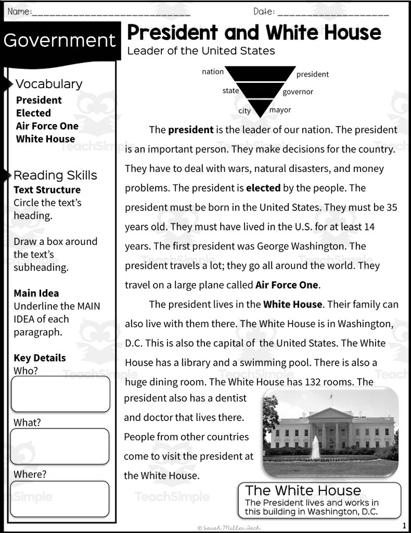 2Nd Grade Reading Packet: President And White House throughout White House Reading Comprehension Worksheet