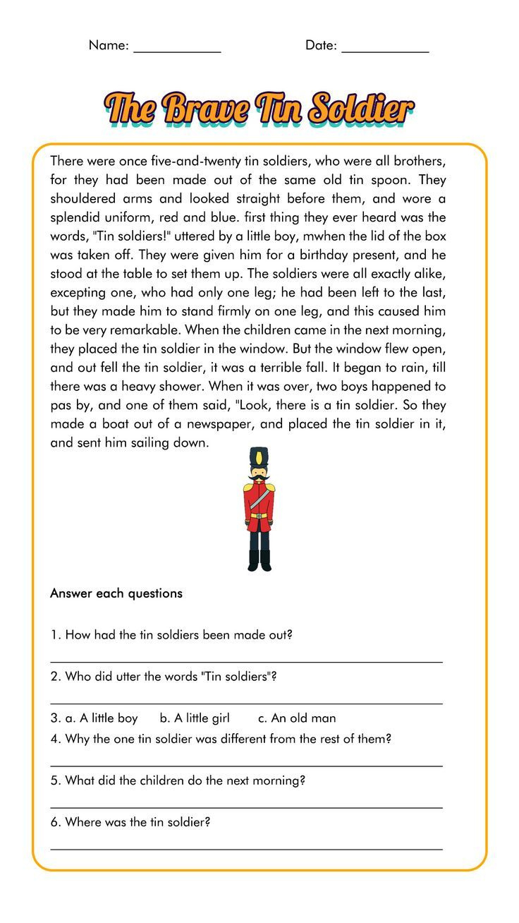 3Rd Grade Reading Comprehension Worksheets in Grade 3 Reading Comprehension Worksheet The Brave Tin Soldier