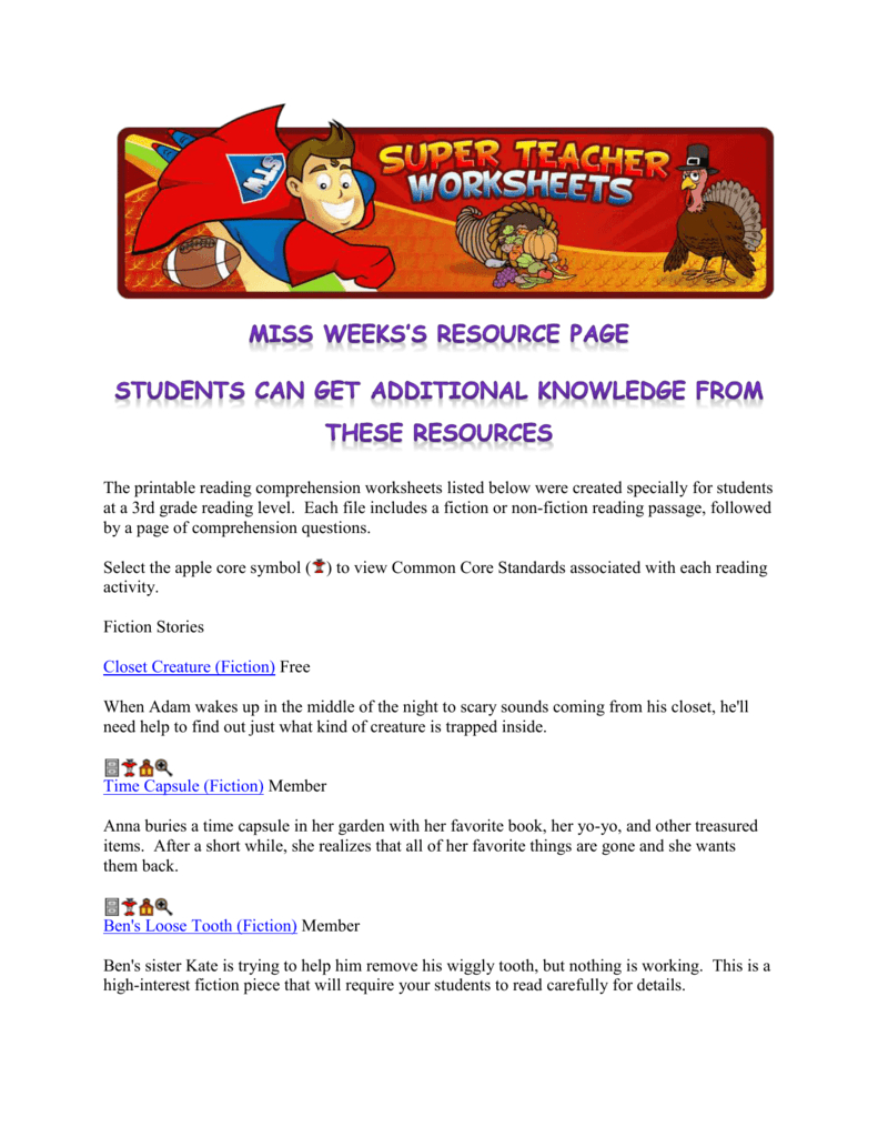 3Rd Grade Reading Comprehension Worksheets intended for Non Fiction Reading Comprehension Worksheets Super Teacher