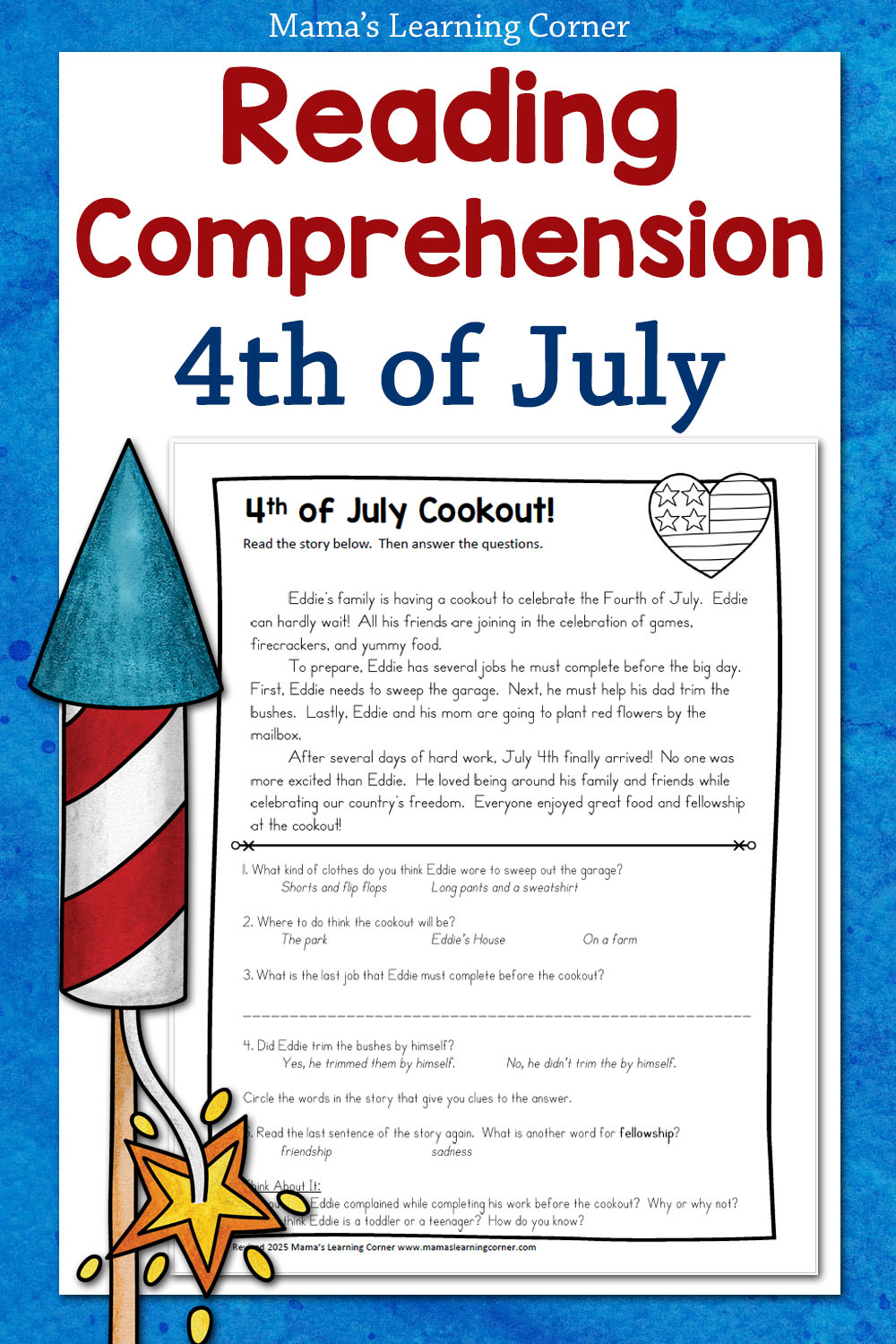 4Th Of July Reading Comprehension Worksheet For Elementary with Fourth Of July Reading Comprehension Worksheets