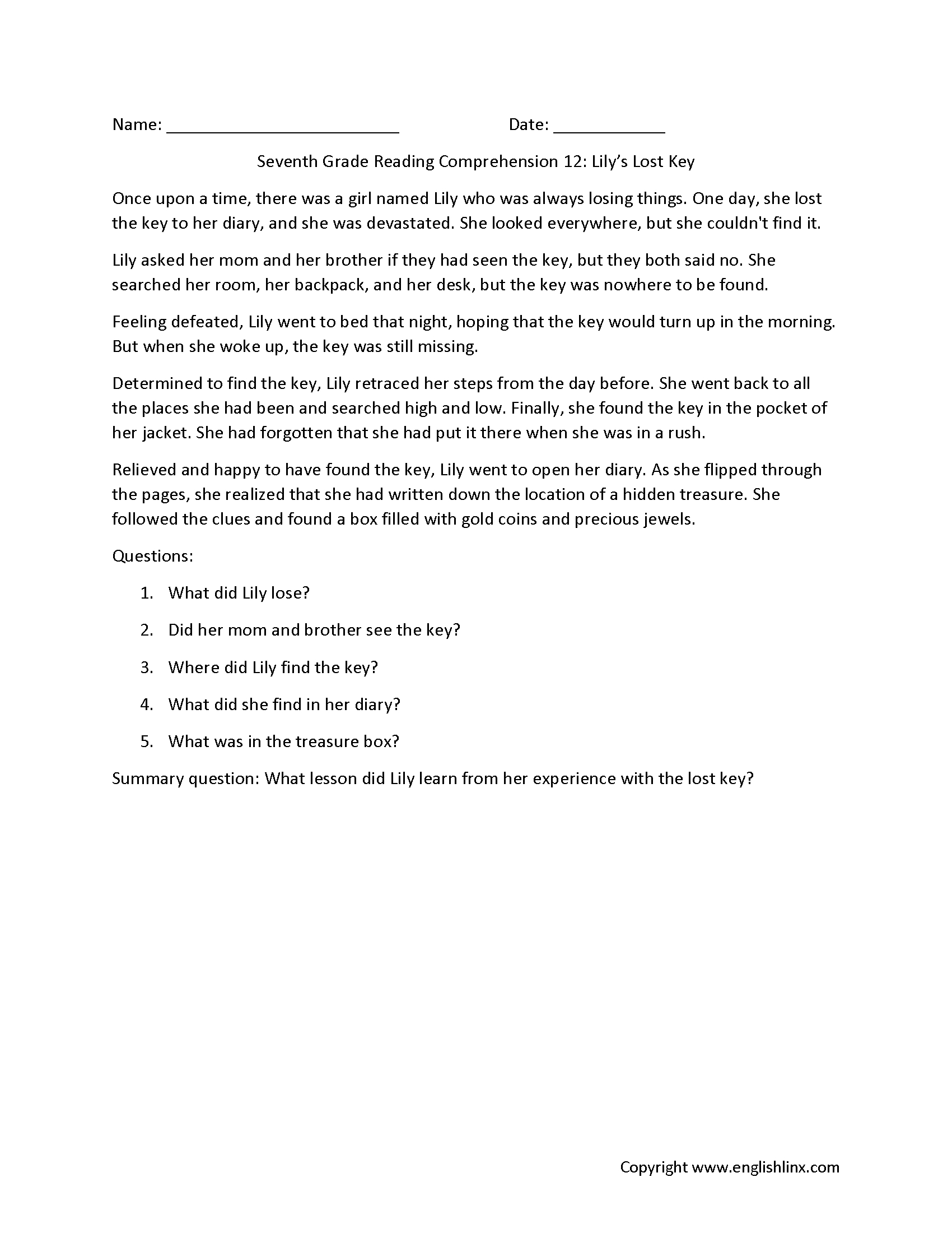 7Th Grade Reading Comprehension Worksheets | Printable Passages pertaining to Grade 7 Comprehension Worksheets Printable