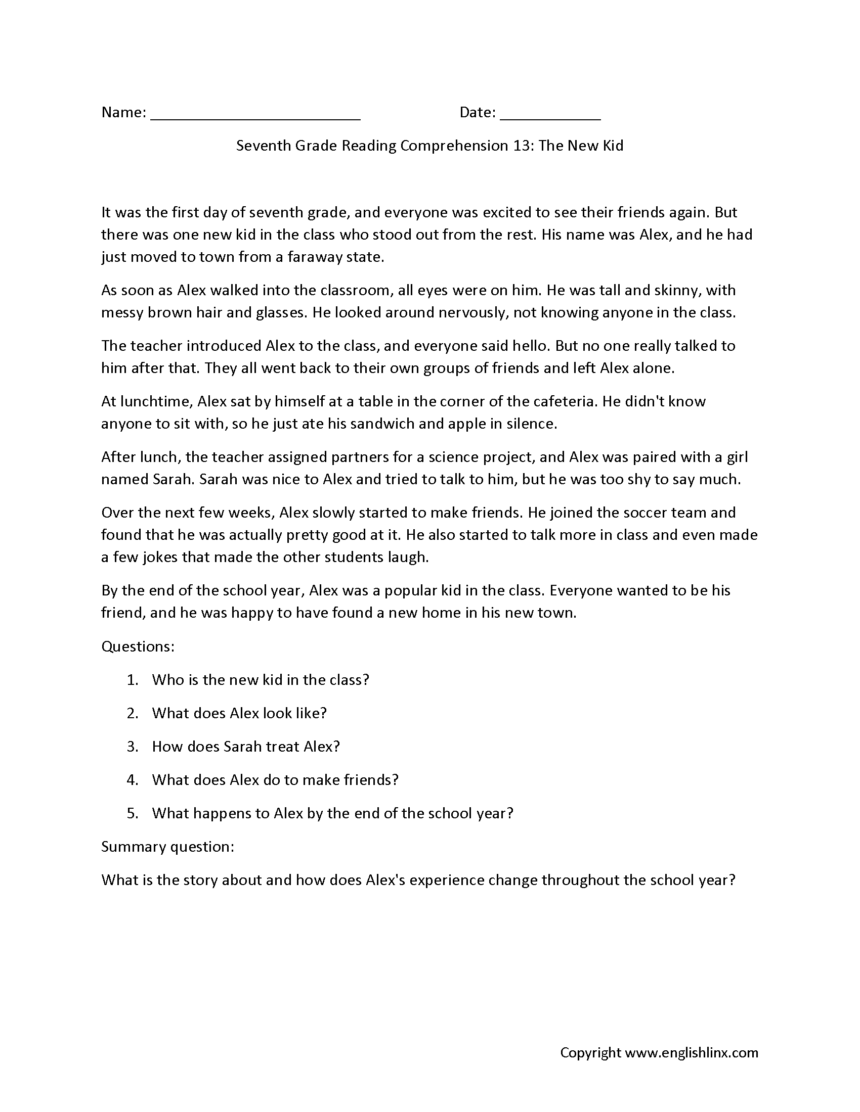 7Th Grade Reading Comprehension Worksheets | Printable Passages with Grade 7 Comprehension Question Worksheets