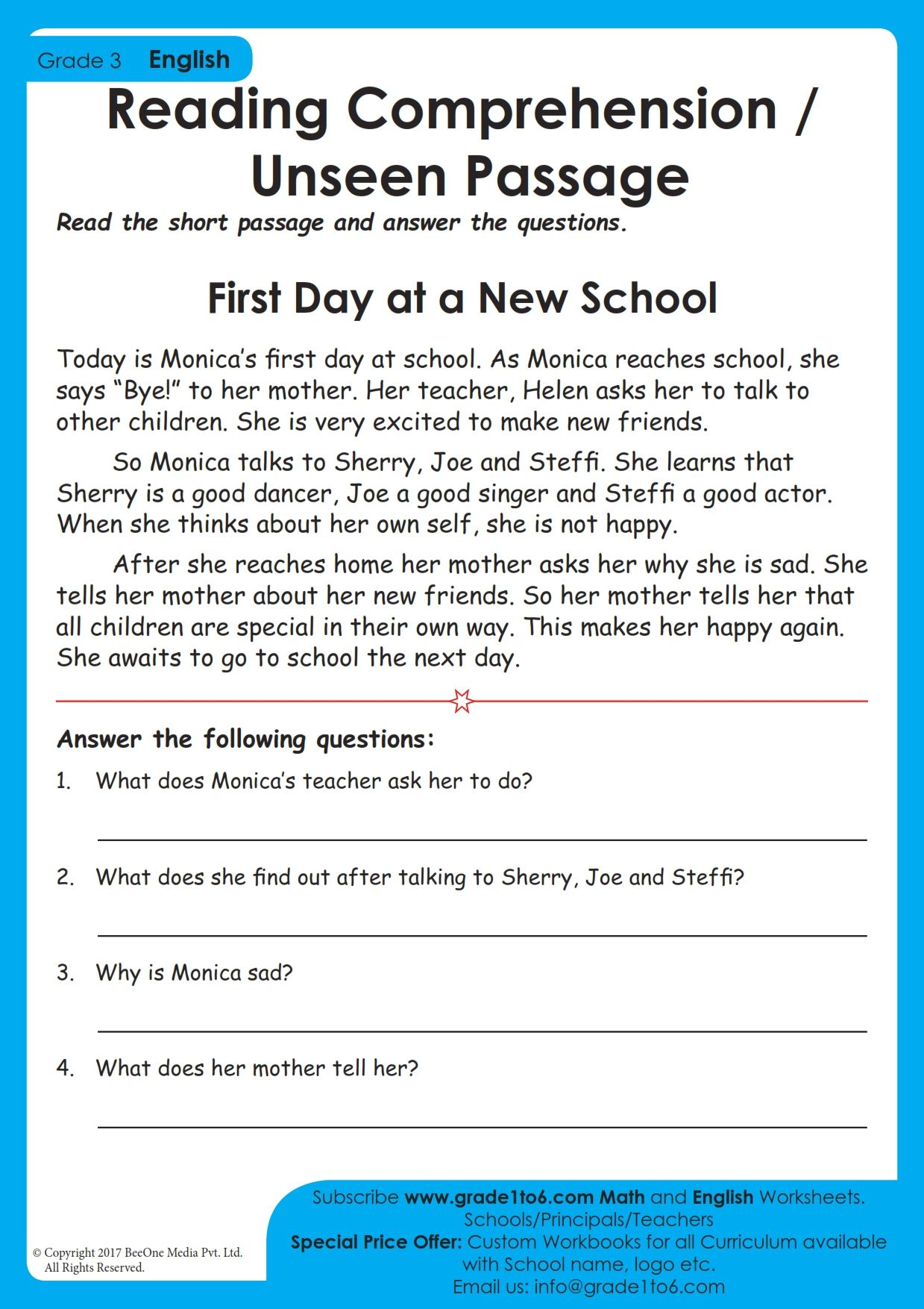 8 Grade 3 Unseen Passage And Reading Comprehension Worksheets inside Reading Comprehension Worksheet For Class 3