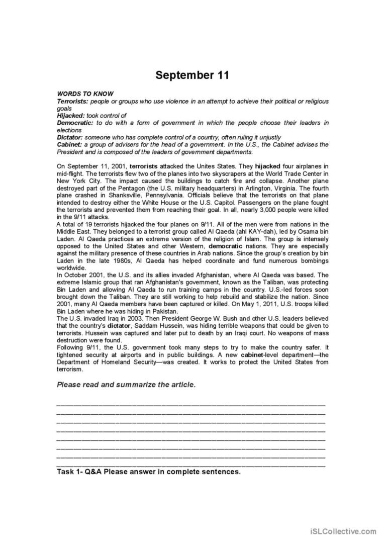 9-11 World Trade Center General Read…: English Esl Worksheets Pdf regarding 9/11 Reading Comprehension Worksheets Free