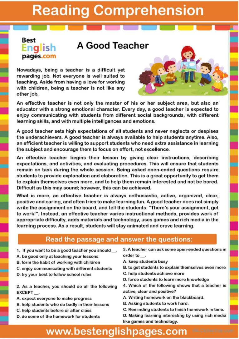 A Good Teacher: Readin…: English Esl Worksheets Pdf &amp;amp; Doc with English For Everyone Reading Comprehension Worksheets