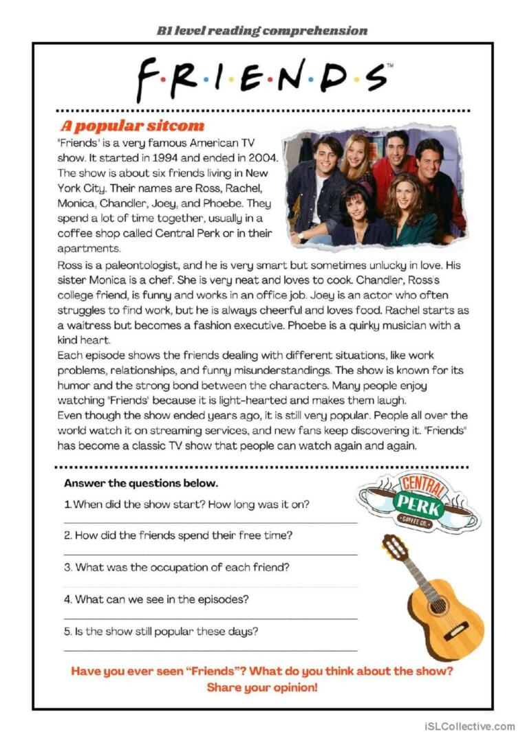 A Popular Sitcom - Friends | B1 Read…: English Esl Worksheets Pdf with regard to Reading Comprehension Worksheet B1