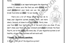 A Reading Comprehension Passage About The Digestive System - Esl inside Human Body Systems Reading Comprehension Worksheets