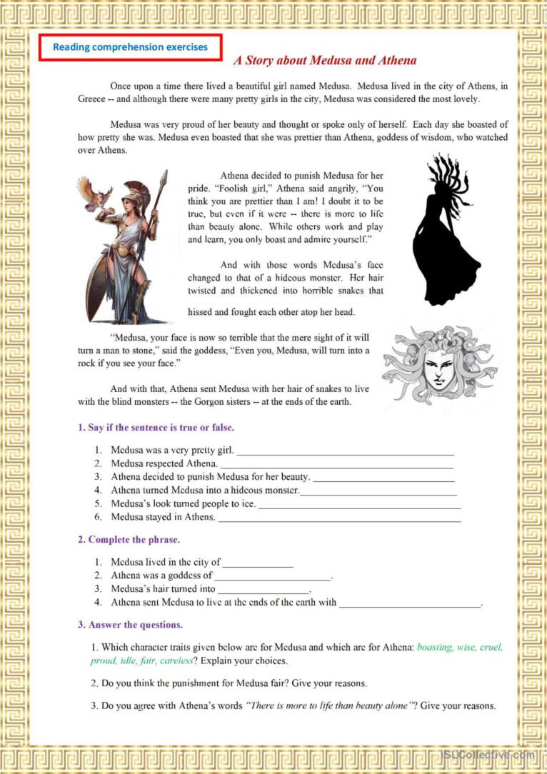 A Story About Medusa And Athena Read…: English Esl Worksheets Pdf regarding Free Greek Mythology Reading Comprehension Worksheets