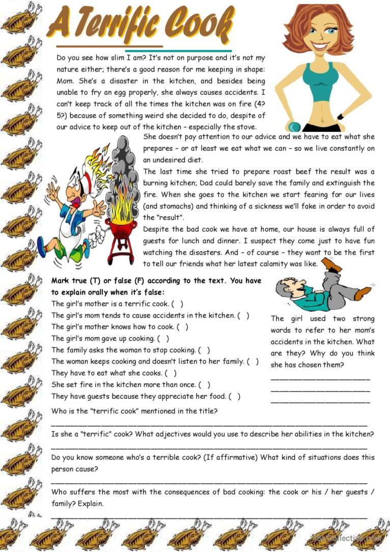 A Terrific Cook – Reading Comprehens…: English Esl Worksheets Pdf inside Cooking Reading Comprehension Worksheets