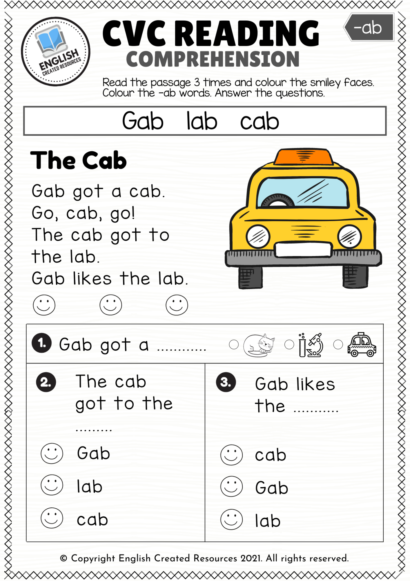 Ab Word Family Reading Comprehension Worksheet - Kidzezone pertaining to Cvc Reading Comprehension Worksheets