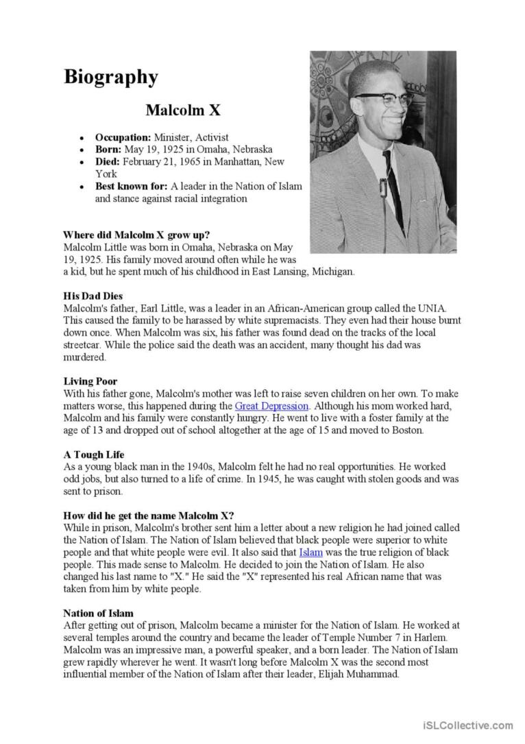 Activists - Malcom X - Civil Rights…: English Esl Worksheets Pdf &amp;amp; Doc for Malcolm X Reading Comprehension Worksheets