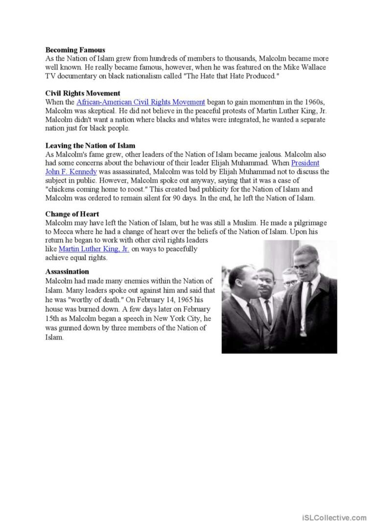 Activists - Malcom X - Civil Rights…: English Esl Worksheets Pdf &amp;amp; Doc regarding Malcolm X Reading Comprehension Worksheets