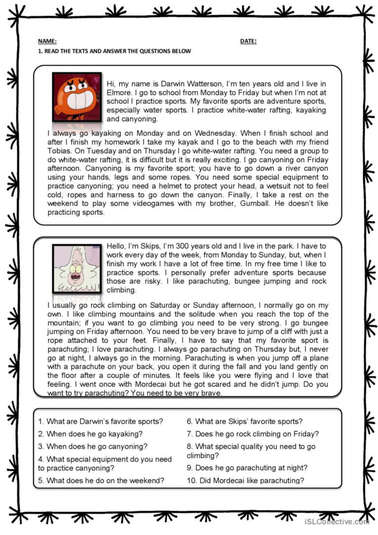 Adventure Sports Reading Passages Re…: English Esl Worksheets Pdf for Sports Reading Comprehension Worksheet